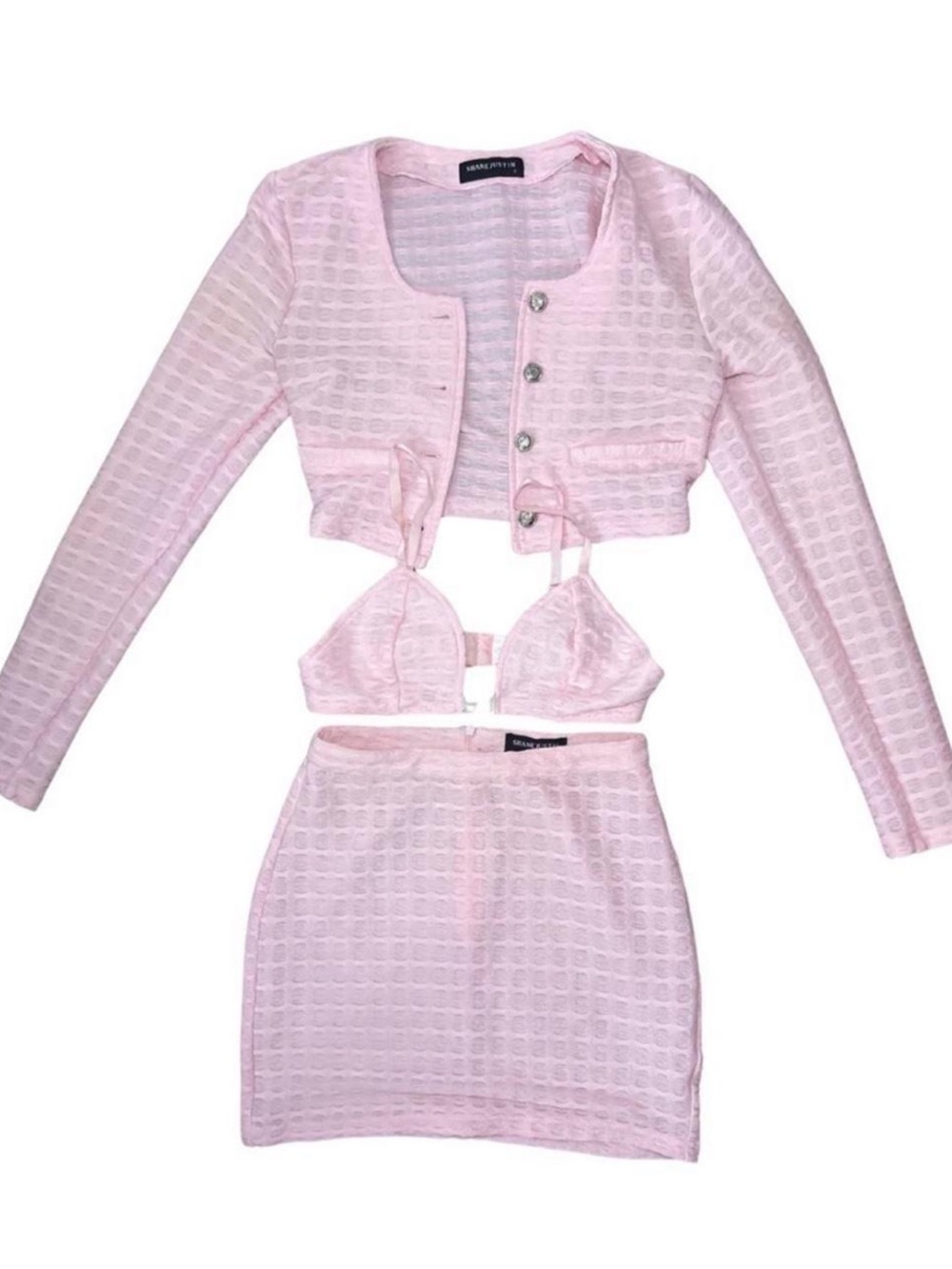 Shane Justin Light Pink Knit 3-Piece Set | Cropped Cardigan, Bralette & Skirt